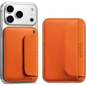 VULKIT Credit Card Holder for Phone case, Slim Adhesive Phone Wallet Stick On for Men & Women, Compatible with Most Cell Phones, Black(Orange)