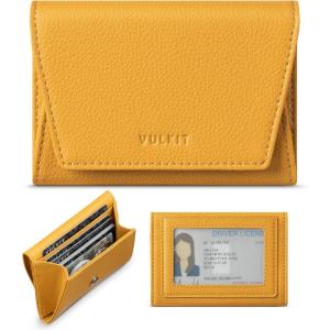 VULKIT Credit Card Holder for Women with Clear ID Window on the Back, RFID Blocking Card Wallet, One Large Pocket for Cash, Coins, and Cards, Chestnut Brown(Mustard Yellow)