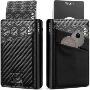 VULKIT Credit Card Holder with Money Pocket Pop up Wallet Metal Card Case RFID Blocking for Airtag, Coins and Cash Navy(Carbon Fiber Black)