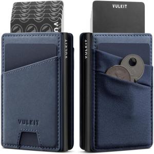 VULKIT Credit Card Holder with Money Pocket Pop up Wallet Metal Card Case RFID Blocking for Airtag, Coins and Cash Navy(Navy)