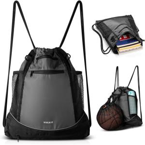 VULKIT Drawstring Backpack, Gym Bags for Men & Women with Large Front Mesh Pocket Suitable for Basketball Soccer Football Cycling Swimming Gears, Sports Bag Draw String Back Bag, Waterproof Swim Bag(Grey)