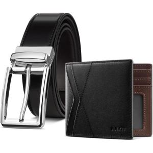 VULKIT Genuine Leather Reversible Belt & Slim Bifold Wallet – Luxury Gift Set, Black & Dark Brown Combo
