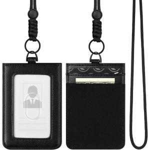 VULKIT ID Badge Holder with Lanyard for Women and Men Vertical Leather Badge Holder with Clear ID Window Card Holder Slot and Money Pocket Brown(Black)