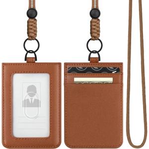 VULKIT ID Badge Holder with Lanyard for Women and Men Vertical Leather Badge Holder with Clear ID Window Card Holder Slot and Money Pocket Brown(Brown)