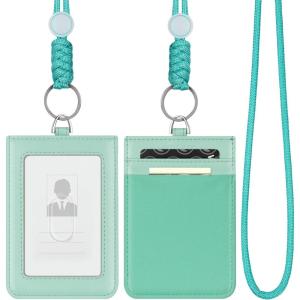 VULKIT ID Badge Holder with Lanyard for Women and Men Vertical Leather Badge Holder with Clear ID Window Card Holder Slot and Money Pocket Brown(Mint Green)