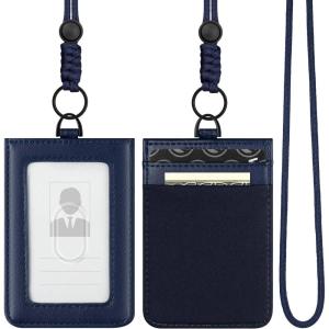 VULKIT ID Badge Holder with Lanyard for Women and Men Vertical Leather Badge Holder with Clear ID Window Card Holder Slot and Money Pocket Brown(Navy)