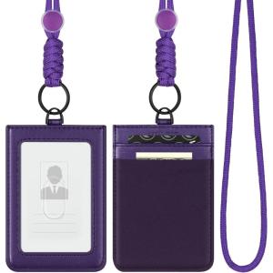 VULKIT ID Badge Holder with Lanyard for Women and Men Vertical Leather Badge Holder with Clear ID Window Card Holder Slot and Money Pocket Brown(Purple)