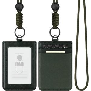 VULKIT ID Badge Holder with Lanyard for Women and Men Vertical Leather Badge Holder with Clear ID Window Card Holder Slot and Money Pocket Brown(Royal Green)