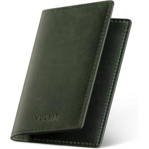 VULKIT Leather Business Card Holder 2 Sided Slim Business Name Card Organizer for Men or Women (Nappa Navy)(Genuine Green)
