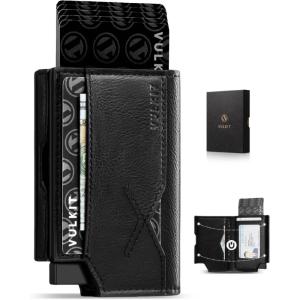 VULKIT Leather Minimalist Men’s Wallet Pop Up Slim Front Pocket Credit Card Holder Wallet for Men Quick Card Access with ID Window, Grey(Black)