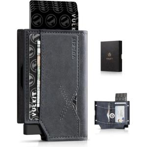 VULKIT Leather Minimalist Men’s Wallet Pop Up Slim Front Pocket Credit Card Holder Wallet for Men Quick Card Access with ID Window, Grey(Grey)
