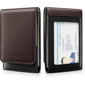 VULKIT Leather Money Clip with 2 Card Holders and ID Window, RFID Blocking, Magnetic Closure, Coffee Brown and Black(Brown)