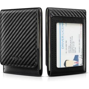 VULKIT Leather Money Clip with 2 Card Holders and ID Window, RFID Blocking, Magnetic Closure, Coffee Brown and Black(Carbon Black)