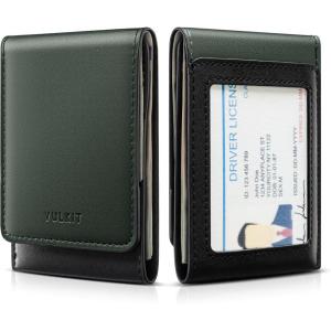 VULKIT Leather Money Clip with 2 Card Holders and ID Window, RFID Blocking, Magnetic Closure, Coffee Brown and Black(Green)