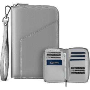 VULKIT Leather Passport Holder Family Travel Document Organizer with RFID Blocking Travel Wallet Slim Dual Slots SIM Card and Multiple Card Holders for Men and Women (Black)(Grey)