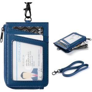 VULKIT Leather Work ID Badge Holder for Lanyard with Zipper Pocket, Work Badge Lanyard for Women and Men, Can Hold Coins, Key, Cash, Credit Card, Suitable for Offices Staff, Students, Teacher, Blue(Blue)