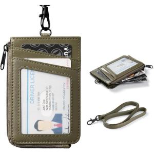 VULKIT Leather Work ID Badge Holder for Lanyard with Zipper Pocket, Work Badge Lanyard for Women and Men, Can Hold Coins, Key, Cash, Credit Card, Suitable for Offices Staff, Students, Teacher, Blue(Green)