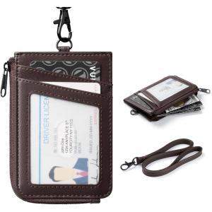 VULKIT Leather Work ID Badge Holder for Lanyard with Zipper Pocket, Work Badge Lanyard for Women and Men, Can Hold Coins, Key, Cash, Credit Card, Suitable for Offices Staff, Students, Teacher, Blue(Brown)