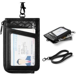 VULKIT Leather Work ID Badge Holder for Lanyard with Zipper Pocket, Work Badge Lanyard for Women and Men, Suitable for Offices Staff, Teacher, Can Hold Coins, Key, Cash, Credit Card, Jet Black(Jet Black)
