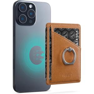 VULKIT Magnetic Card Holder with Ring Grip, 3 Card Slots, Compatible with iPhone 12-16 Series, Green(Brown)