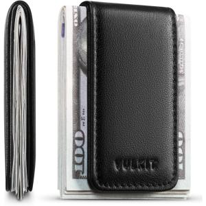 VULKIT Magnetic Money Clip Leather Money Holder Minimalist Design Holds Up to 15 Cash(Top Grain Leather-Black)