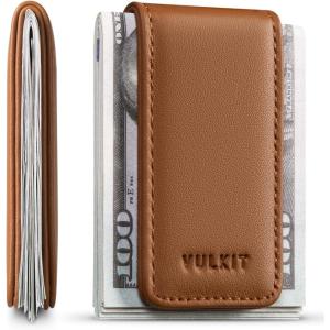 VULKIT Magnetic Money Clip Leather Money Holder Minimalist Design Holds Up to 15 Cash(Top Grain Leather-Brown)