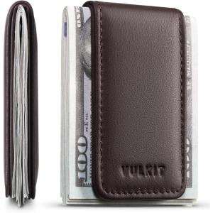VULKIT Magnetic Money Clip Leather Money Holder Minimalist Design Holds Up to 15 Cash(Top Grain Leather-Espresso)