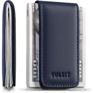 VULKIT Magnetic Money Clip Leather Money Holder Minimalist Design Holds Up to 15 Cash(Top Grain Leather-Navy)
