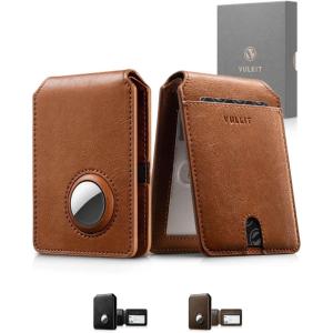 VULKIT Men’s AirTag Wallet 0.5″ Slim Bifold Leather Airtag Wallet Holder with RFID Blocking & ID Window, Front Pocket Minimalist Design, Anti-Loss Tracking for Urban Commute & Travel, Coffee(Brown)