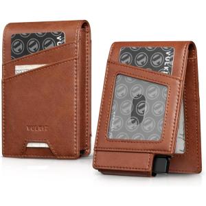 VULKIT Mens Card Holder for Max. 12 Cards, with Pop-Up Credit Card Case and Double Window Slots for ID and Key Card, Carbon Fiber Black(Brown)
