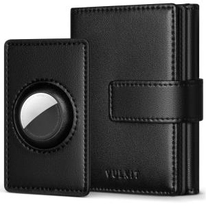 VULKIT Mens Leather Trifold Wallet RFID Blocking with Airtag Card Case, Double ID Window, Magnetic Closure, Giftbox Packed, Grey(Black)