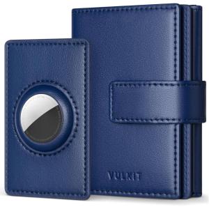 VULKIT Mens Leather Trifold Wallet RFID Blocking with Airtag Card Case, Double ID Window, Magnetic Closure, Giftbox Packed, Grey(Dark Blue)