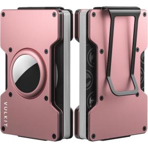 VULKIT Men’s Metal Wallet with Money Clip, Slim Credit Card Holder with Airtag Holder, Minimalist Front Pocket Wallet for Men(Green)(Rose-Gold)