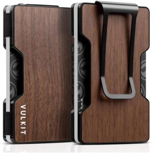 VULKIT Men’s Metal Wallet with Money Clip, Slim Credit Card Holder with Airtag Holder, Minimalist Front Pocket Wallet for Men(Green)(lite-Wood)