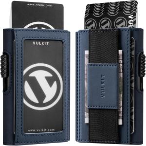 VULKIT Mens Minimalist Wallet for Max. 8 Cards with Pop-Up Credit Card Ejector RFID Blocking, ID Window and Elastic Strap for Bills or Keyring, Gift Box Packed, Blue(Blue)