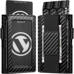 VULKIT Mens Minimalist Wallet for Max. 8 Cards with Pop-Up Credit Card Ejector RFID Blocking, ID Window and Elastic Strap for Bills or Keyring, Gift Box Packed, Blue(Carbon Black)