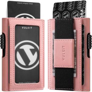VULKIT Mens Minimalist Wallet for Max. 8 Cards with Pop-Up Credit Card Ejector RFID Blocking, ID Window and Elastic Strap for Bills or Keyring, Gift Box Packed, Blue(Pink)