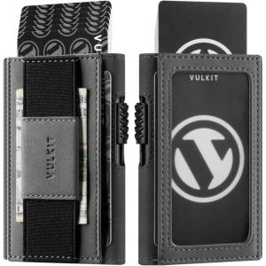 VULKIT Mens Minimalist Wallet for Max. 8 Cards with Pop-Up Credit Card Ejector RFID Blocking, ID Window and Elastic Strap for Bills or Keyring, Gift Box Packed, Blue(Grey)