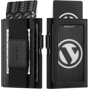 VULKIT Mens Minimalist Wallet for Max. 8 Cards with Pop-Up Credit Card Ejector RFID Blocking, ID Window and Elastic Strap for Bills or Keyring, Gift Box Packed, Blue(Black)