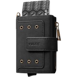 VULKIT Mens Wallet RFID Protected with POP UP Credit Card Ejector Case, ID Window, Zipper Pocket for Coins and Compartment for Bills/Banknotes, Coffee Brown(Matt Black)