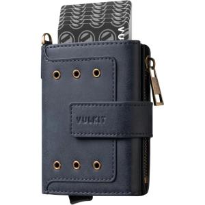VULKIT Mens Wallet RFID Protected with POP UP Credit Card Ejector Case, ID Window, Zipper Pocket for Coins and Compartment for Bills/Banknotes, Coffee Brown(Dark Blue)