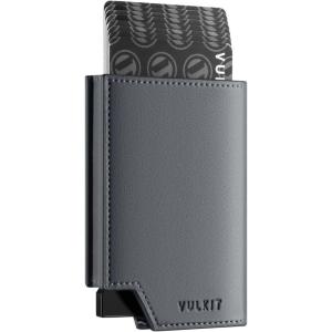 VULKIT Men’s Wallet Top Grain Leather Minimalist Pop Up Card Holder RFID Blocking Magnetic Closure Leather Wallet with ID Window for Cash & Credit Cards Up To 11 Cards(Metal Grey)