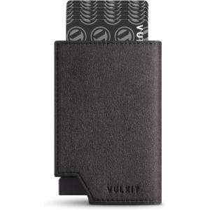 VULKIT Men’s Wallet Top Grain Leather Minimalist Pop Up Card Holder RFID Blocking Magnetic Closure Leather Wallet with ID Window for Cash & Credit Cards Up To 11 Cards(Premium Suede-Black)