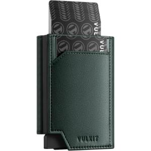 VULKIT Metal Pop up Wallet for Men, Smart RFID Blocking Credit Card Holder Magnetic Closure Men’s Leather Trifold Wallets(Carbon Black)(Green)