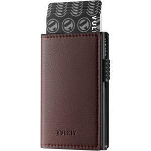 VULKIT Minimalist Card Holder Wallet Top Grain Leather Pop Up Cards RFID Protection Holds Up to 10 Cards, Magnetic Closure(Litchi Dark Brown)