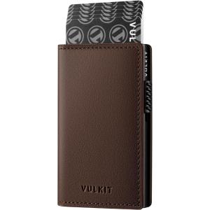 VULKIT Minimalist Card Holder Wallet Top Grain Leather Pop Up Cards RFID Protection Holds Up to 10 Cards, Magnetic Closure(Top Grain Leather-Espresso)