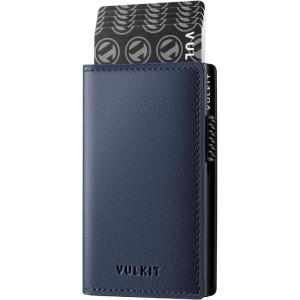 VULKIT Minimalist Card Holder Wallet Top Grain Leather Pop Up Cards RFID Protection Holds Up to 10 Cards, Magnetic Closure(Top Grain Leather-Navy)