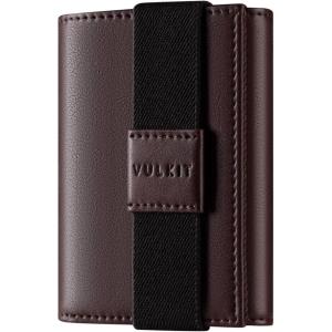 VULKIT Minimalist Leather Rfid Blocking Trifold Wallet with Elastic Band Credit Card Holder with 3 ID windows & Zipper Pocket for Men (Black)(Brown)