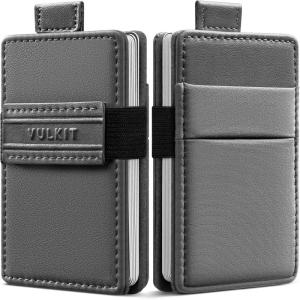 VULKIT Minimalist Slim Wallet for Men RFID Blocking, Pull Tab Quick Access, Leather Cash & Card Holder, Coffee Brown(Grey)