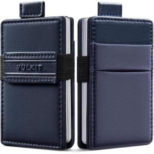 VULKIT Minimalist Slim Wallet for Men RFID Blocking, Pull Tab Quick Access, Leather Cash & Card Holder, Coffee Brown(Navy Blue)